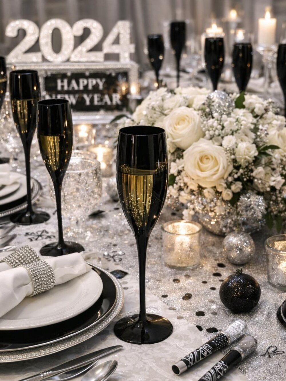 Set of 13 Vintage Mikasa “Elegance Black” Champagne Flutes